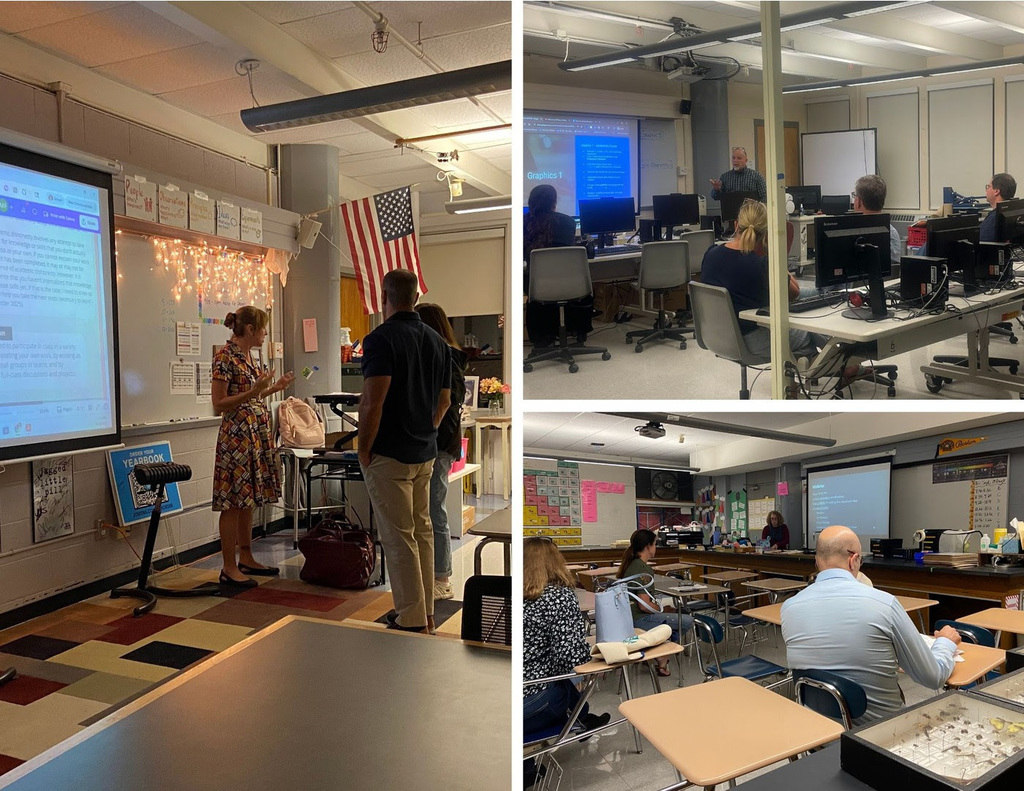 Photo 1: A teacher stands in front of the whiteboard speaking with two parents. Photo 2: A teacher stands at the front of the computer lab presenting to parents. Photo 3: A teacher stands behind a lab table as parents sit in student desks.