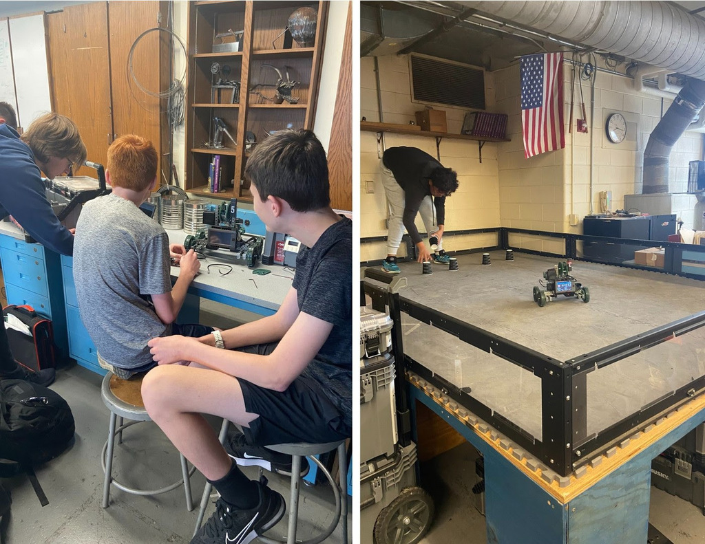 Photo 1: Students sit at a table working on a robot. Photo 2: Students test out a drafted robot in the robotics arena.