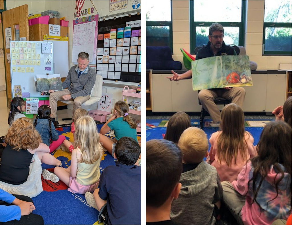 Photo 1: Principal Blanchard reads to MRE second graders while they sit on a rug. Photo 2: Superintendent Downing sits at the front of the MRE library reading to first grade students.