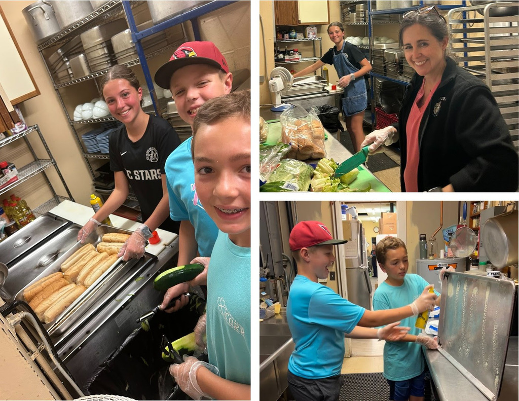 Photo 1: Three LBMS students stand smiling, two peel cucumbers and one holds a tray of hotdogs. Photo 2: A staff member cuts produce and smiles at the camera while a student stands in the back. Photo 3: One student holds up a large silver baking tray whle another student sprays it.