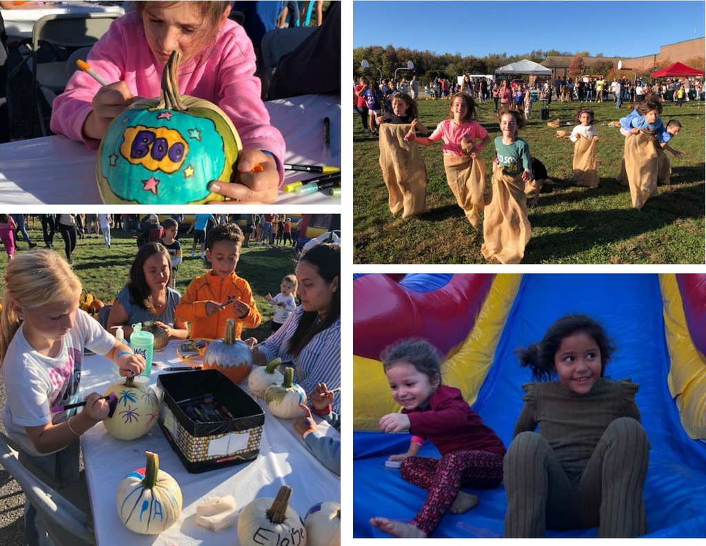 Photo 1: A child paints a pumplin that says "Boo". Photo 2: Students participate in a sack race. Photo 3: A group of students and adults paints small white pumpkins. Photo 4: Two students sit at the end of an inflatable slide.