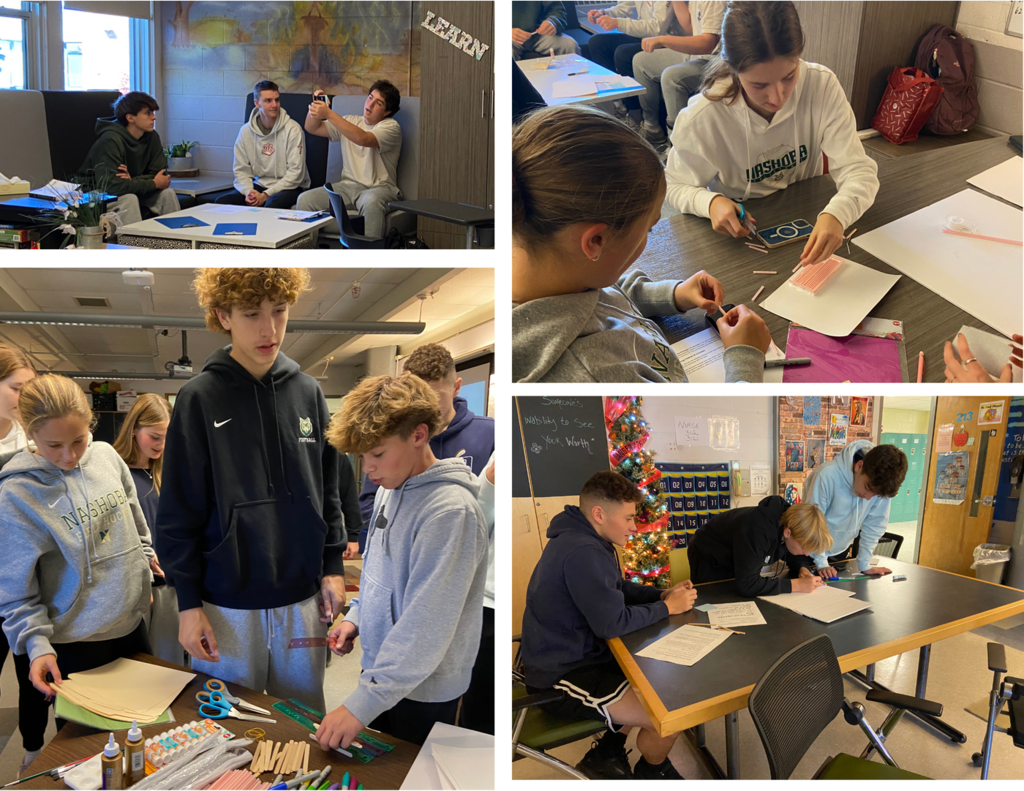 Photo 1: Three students present a wallet that they designed. Photo 2: Two students work on constructing a phone case with plastic straws and paper. Photo 3; Students line up to grab supplies from a table with scissors, paper, glue, straws, and pipe cleaners. Photo 4: Three students stand at a desk and write on a piece of paper.