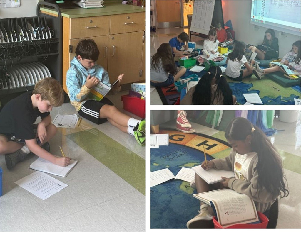 Photo 1: Two fifth grade students sit on the floor of their classroom. One reads while the other writes in their notebook. Photo 2: A group of fifth grade students sit together on the rug all with books or worksheets. Photo 3: A student sits balancing a book on one knee and a notepad on the other.