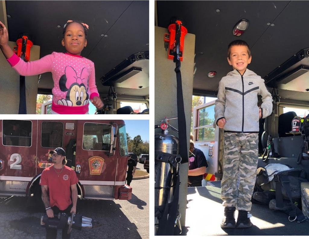 Collage of students standing inside of a firetruck smiling. A third photo featuring a firefighter holding a fire tool in front of the fire truck.