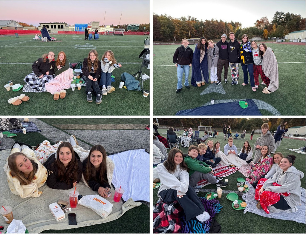 A collage of high school seniors hanging out in pajamas on the football turf for the annual Senior Sunrise.