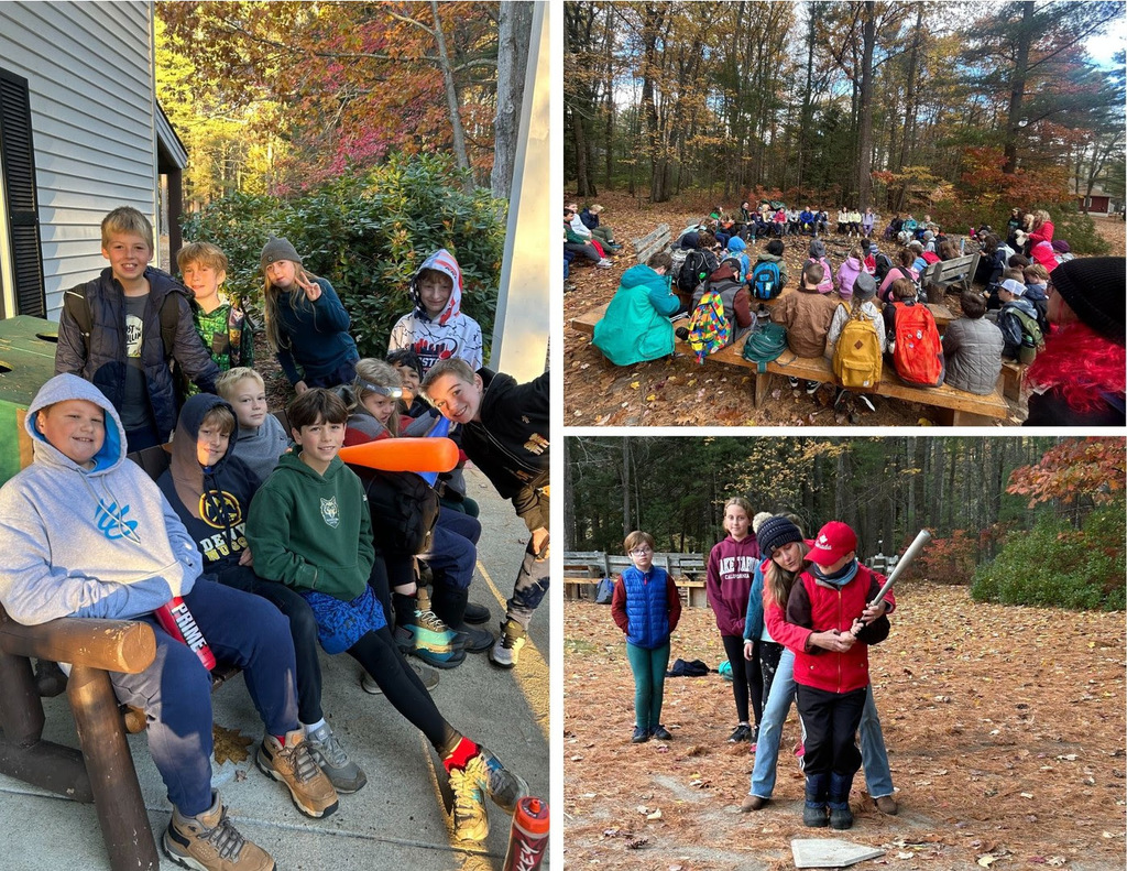 Photo 1: Fifth grade Center students sit on a bench outside posing for a picture. Photo 2: Center school fifth graders sit in a large group circle outside. Photo 3: An Outdoor Classroom counselor helps a Center student correct their batting form.