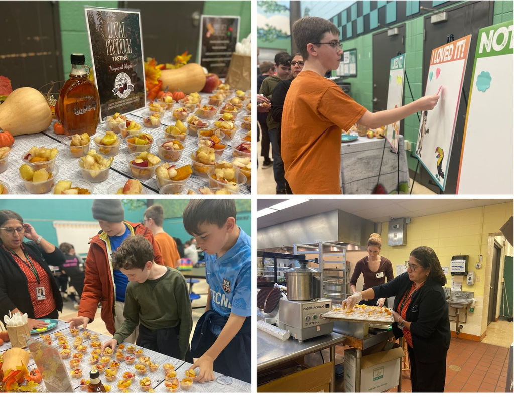Photo 1: Samples of an apple and squash back sit in small clear cups on a table decorated for fall. Photo 2: A student places a sticky note on a board that says "Loved it!". Photo 3: Middle school Hale students grab apple and squash bake samples. Photo 4: The Hale cafeteria staff prep the apple and squash back by putting the sample into plastic cups.