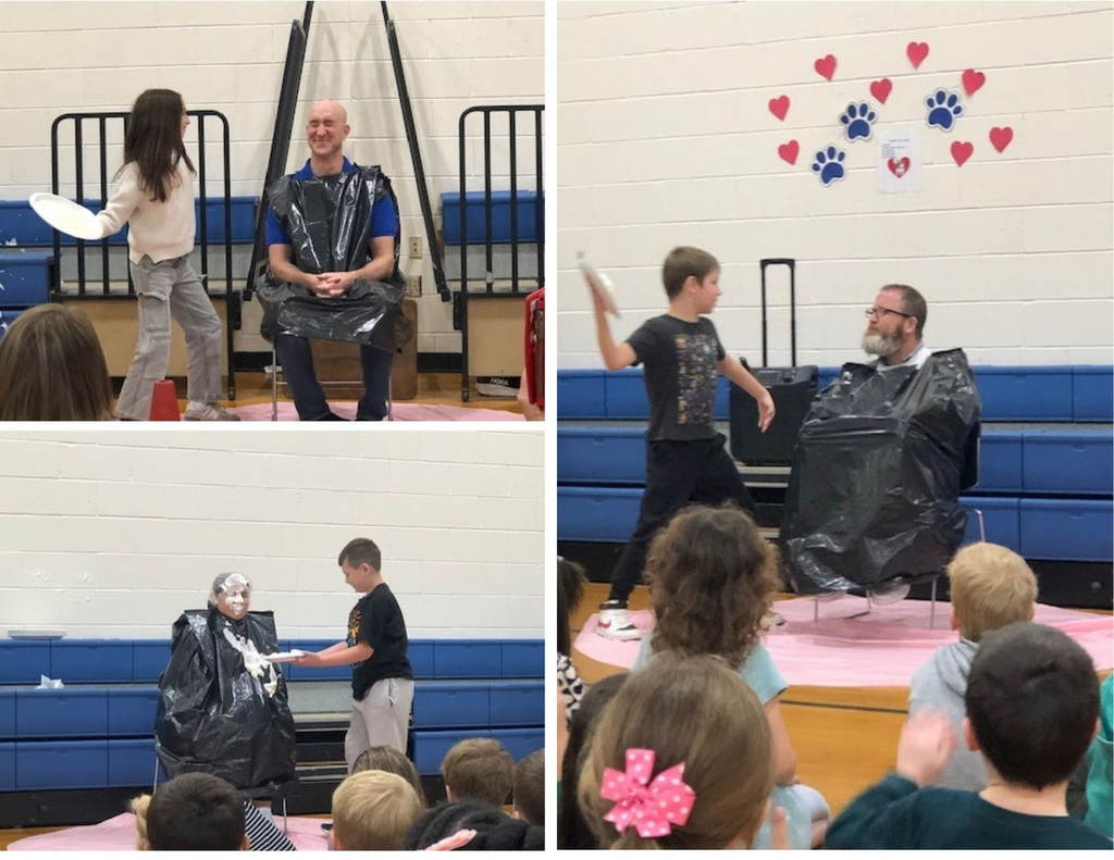 A collage of three images showing MRE students hitting staff members with pies.