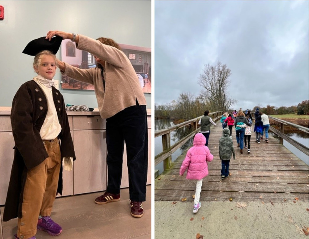 Photo 1: A third grade student from MRE stands dressed in colonial clothing as a tour guide places a colonial hat on her. Photo 2: MRE students walk away from the camera and over the Old North Bridge.