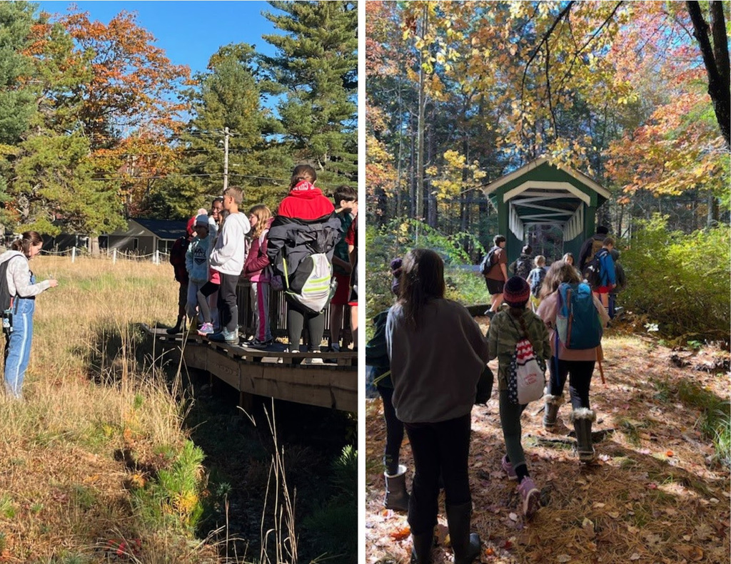 FSS 5th grade students stand on and cross a covered bridge.