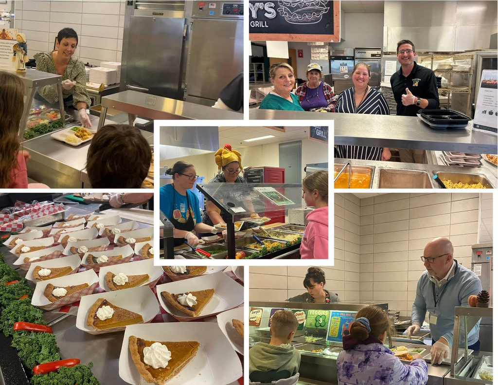 Collage of cafeteria staff and central office administrators serving lunch before November break.