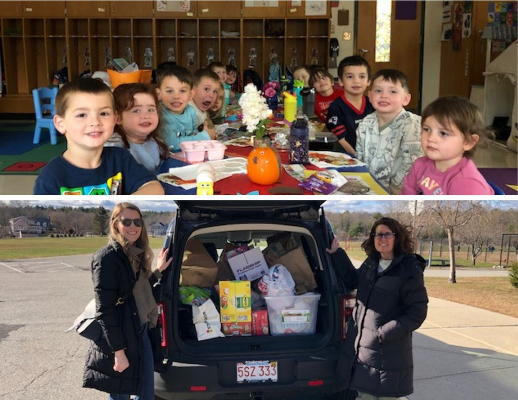 Pre-K students pose around a table smiling at the camera. Two teachers stand next to a trunk full of food for donation.