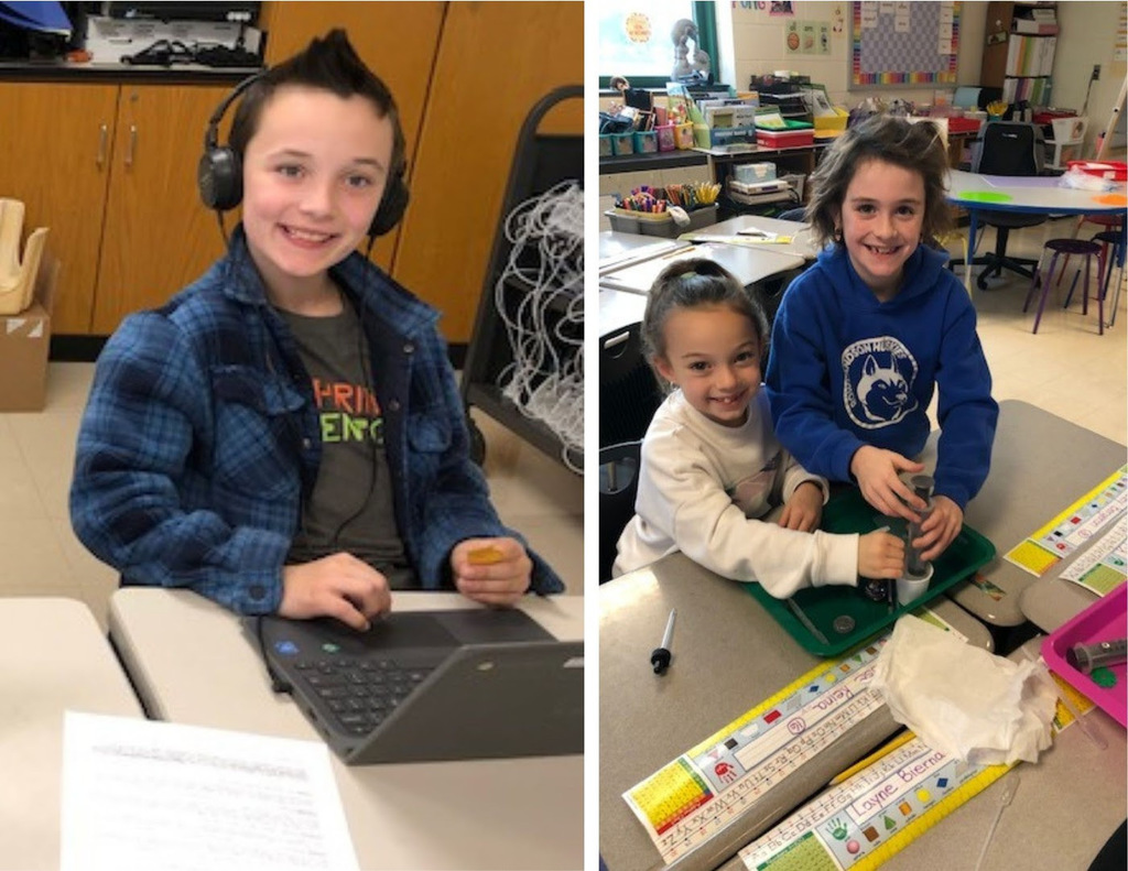 MRE students smiling for a picture with a chromebook, and with a science experiment that uses a syringe to measure water.
