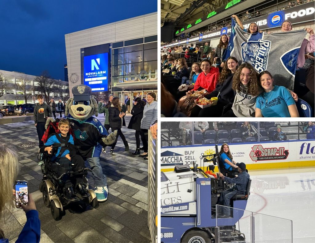 LBMS Chorus students pose with the mascot and each other at the Railers game. One student rides the zamboni. 