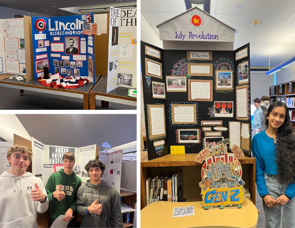 Students viewing and standing with a series of history projects done on poster board.