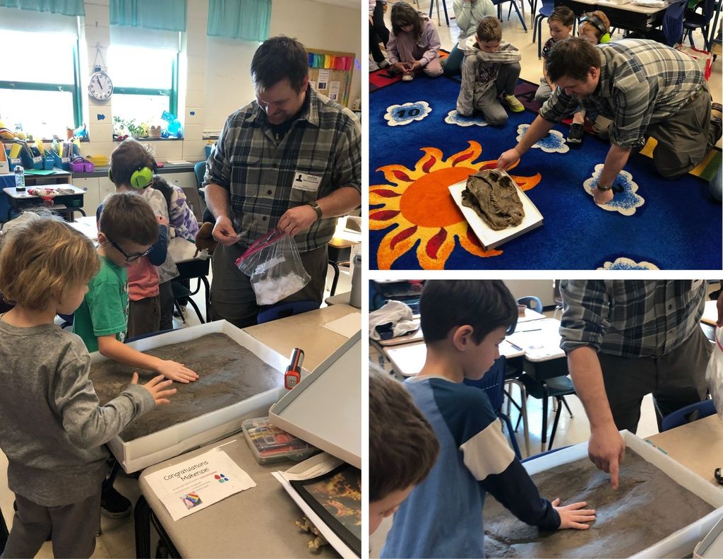 MRE students view fossils in their classroom with a paleontologist. 