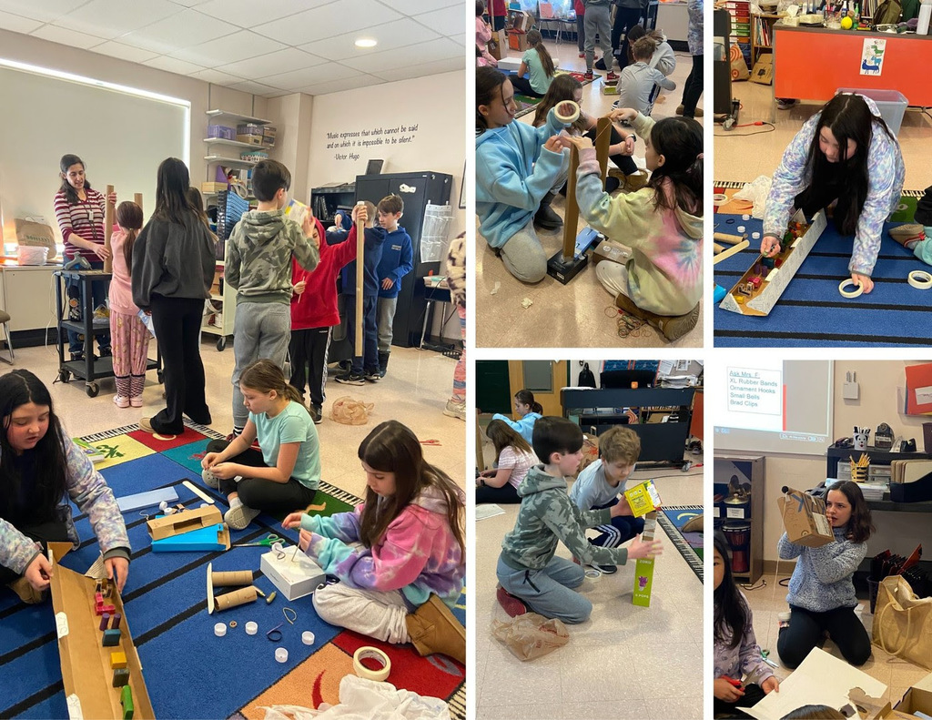 Elementary school students work on building instruments out of recyclables.