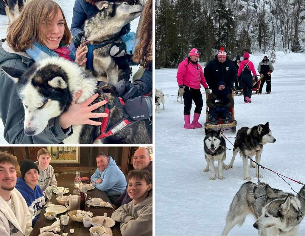 Students pose at lunch and during husky sled riding on their trip to Montreal.