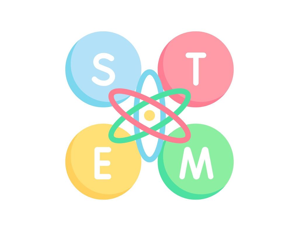 STEM spelled out in blue, red, yellow, and green circles.