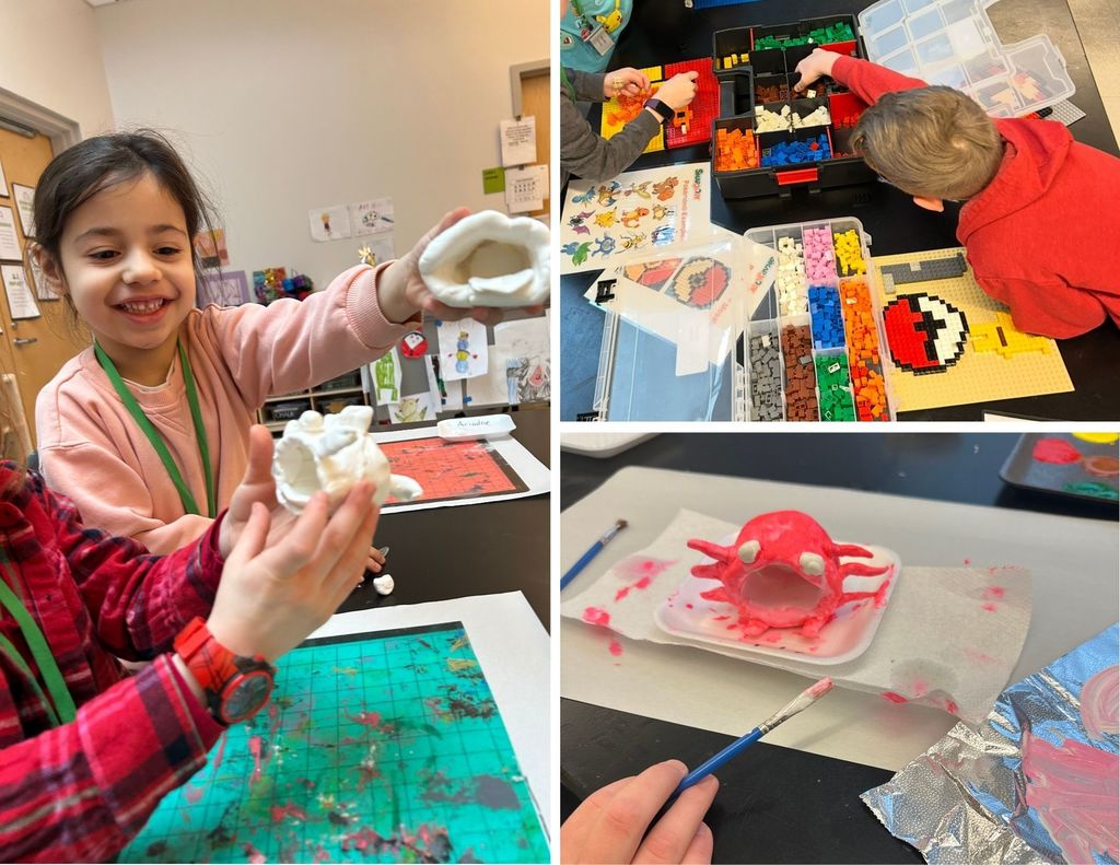 Students playing with legos and painting with clay during February vacation camp.
