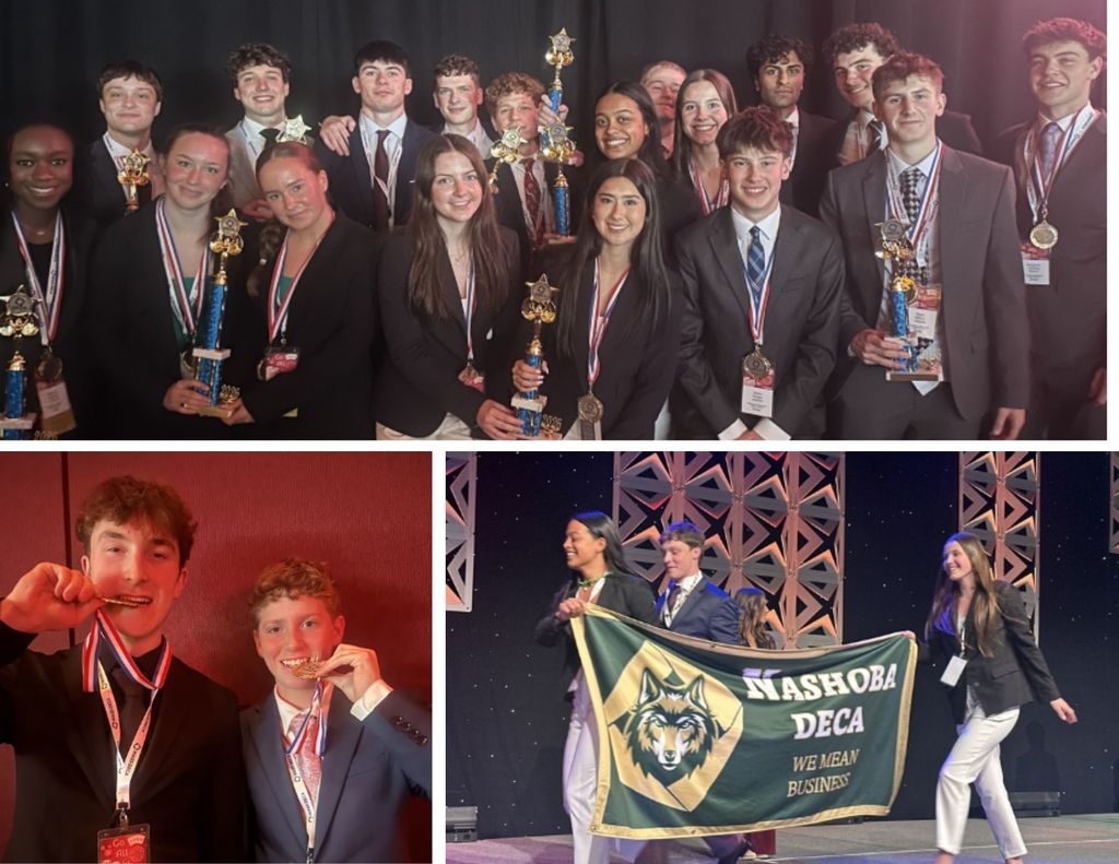 NRHS DECA students pose together and with the DECA flag during the DECA States competition.