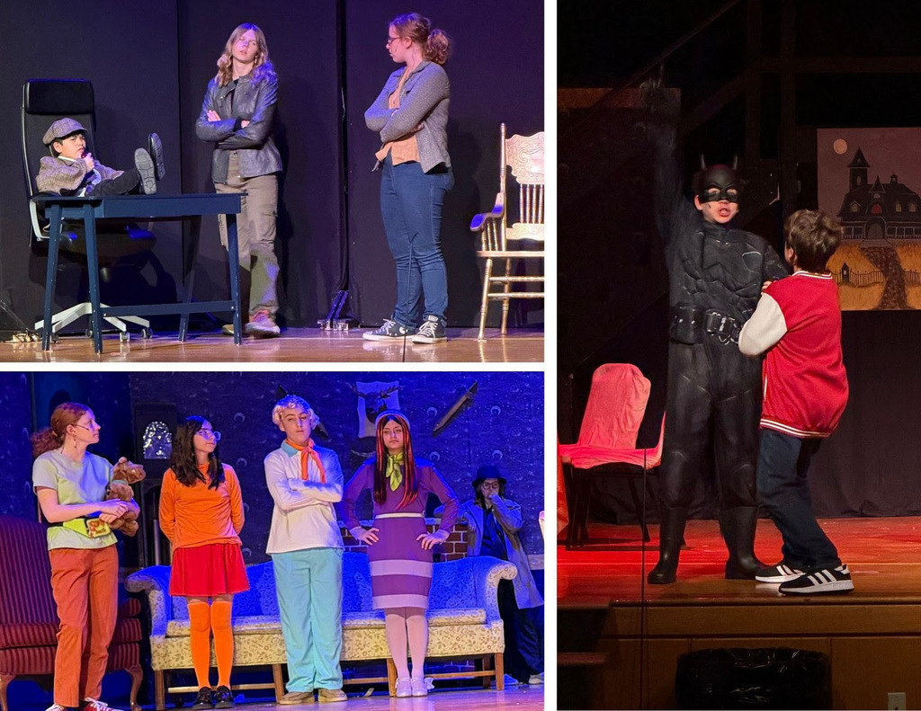 Students in Hale's production of Too Many Detectives at the Murder Mansion dress in detective and superhero costumes onstage.