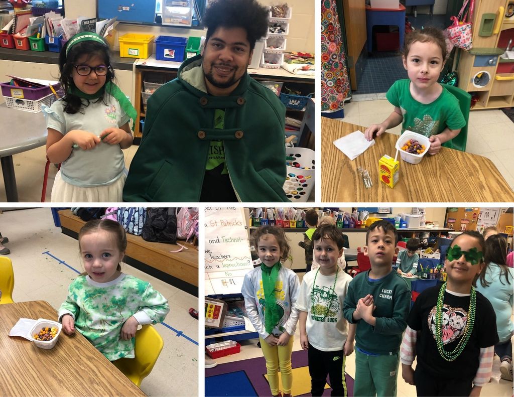 Kindergarten students wearing green as part of their green-themed week.