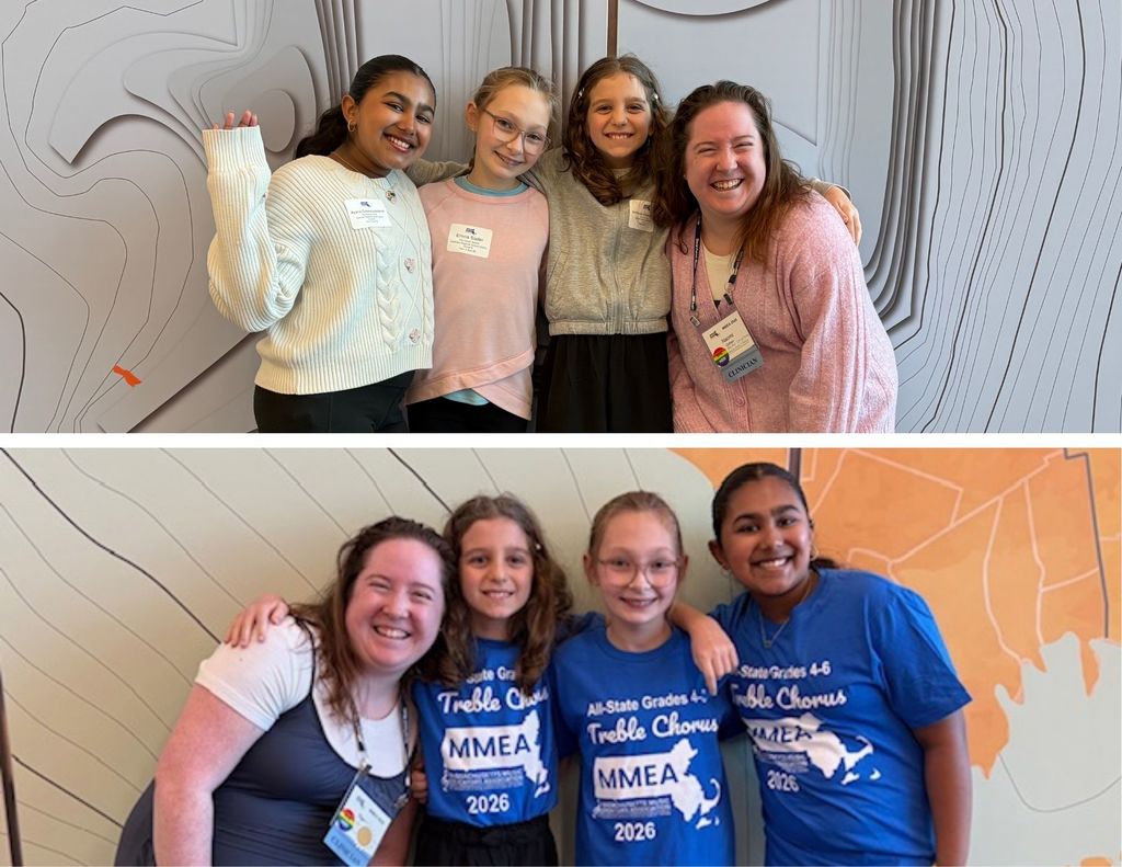 Center School fifth graders pose with their music teacher at the  annual Massachusetts Music Educators Association conference.