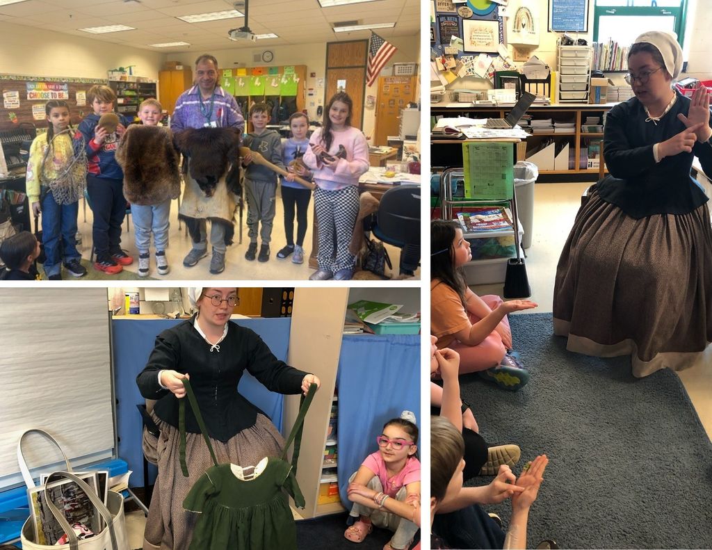 Third grade students at MRE listen to and take pictures with two representatives from the Plimoth Patuxet Museum