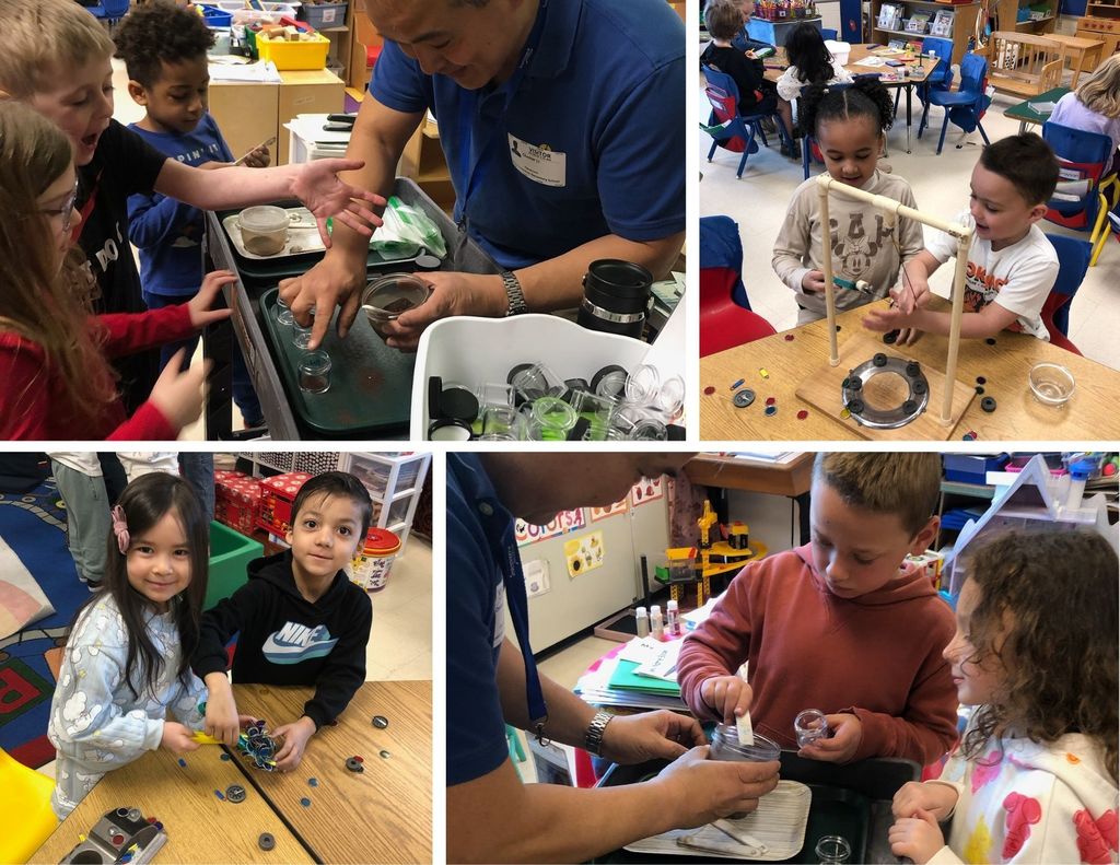 Kindergarten students work with magnets and a visitor from the Museum of Acton.