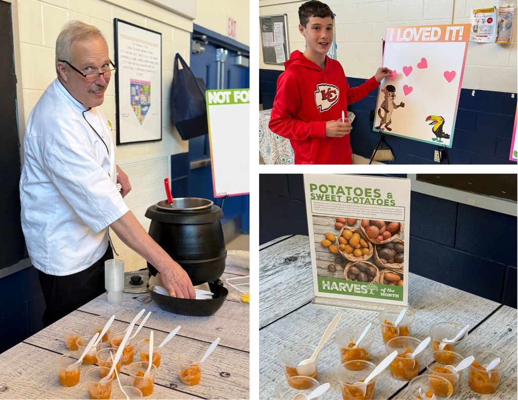 An adult serves sweet potatoes in the cafeteria while students rate the experience.