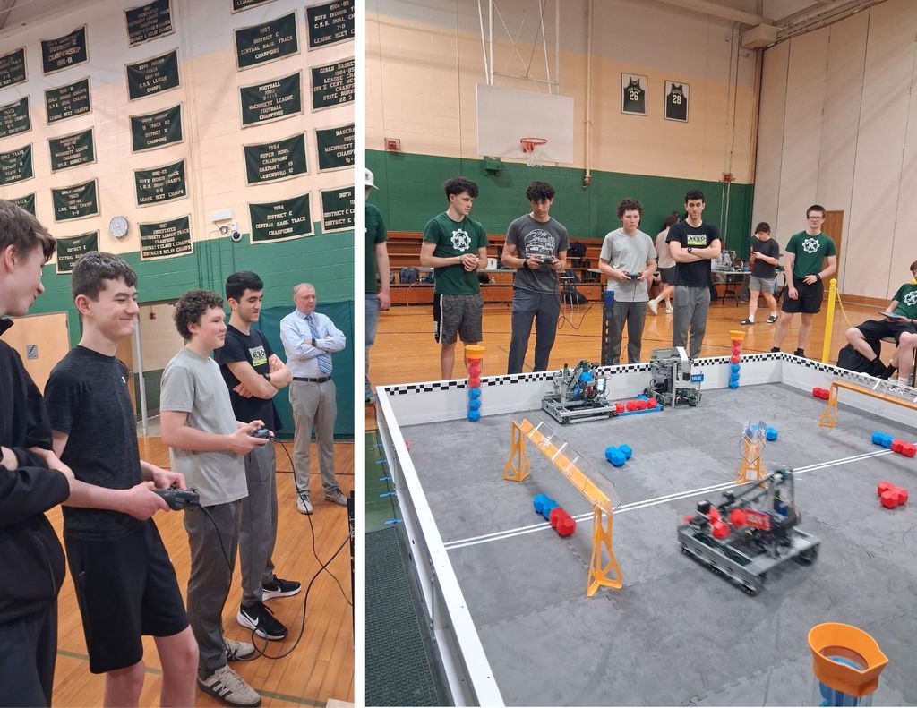NRHS Robotics and Drones students compete at a robotics arena.