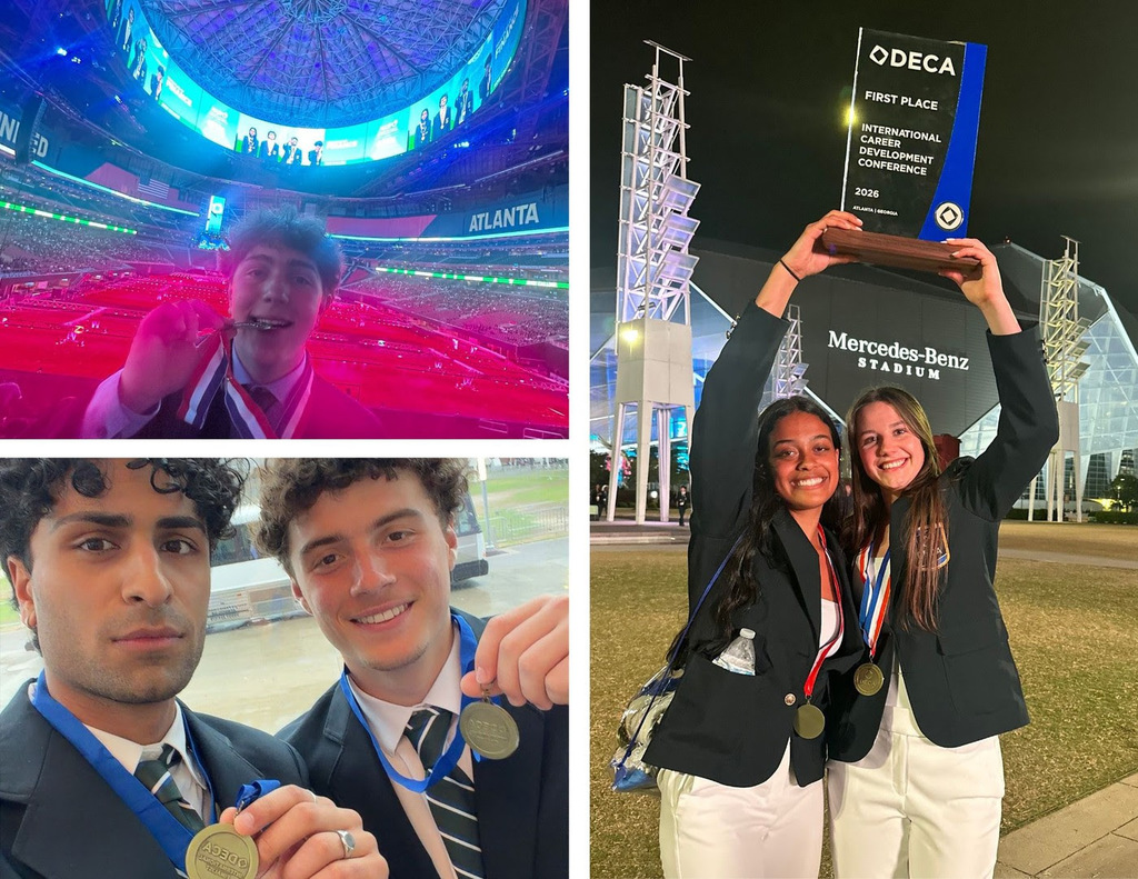 NRHS students pose with their medals and trophy following the DECA International Career Development Conference