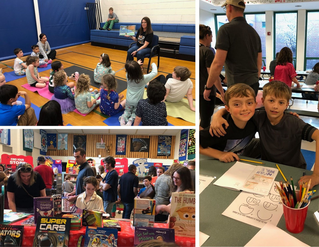 MRE students attend the annual literacy night where they view a book fair, listen to books being read in the gym, and participate in crafts.