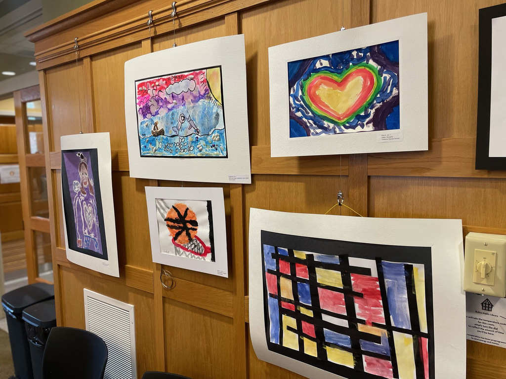 Student artwork showcased at the Bolton Public Library.