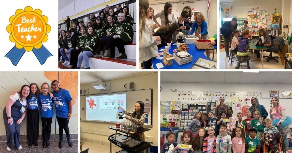 Teachers posing with students and leading classes.