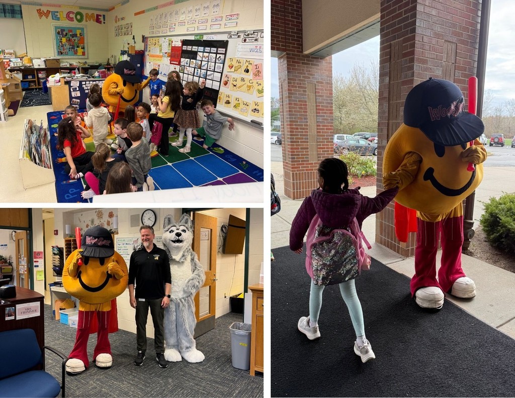 The WooSox mascot, Smiley, poses with staff and students at MRE.