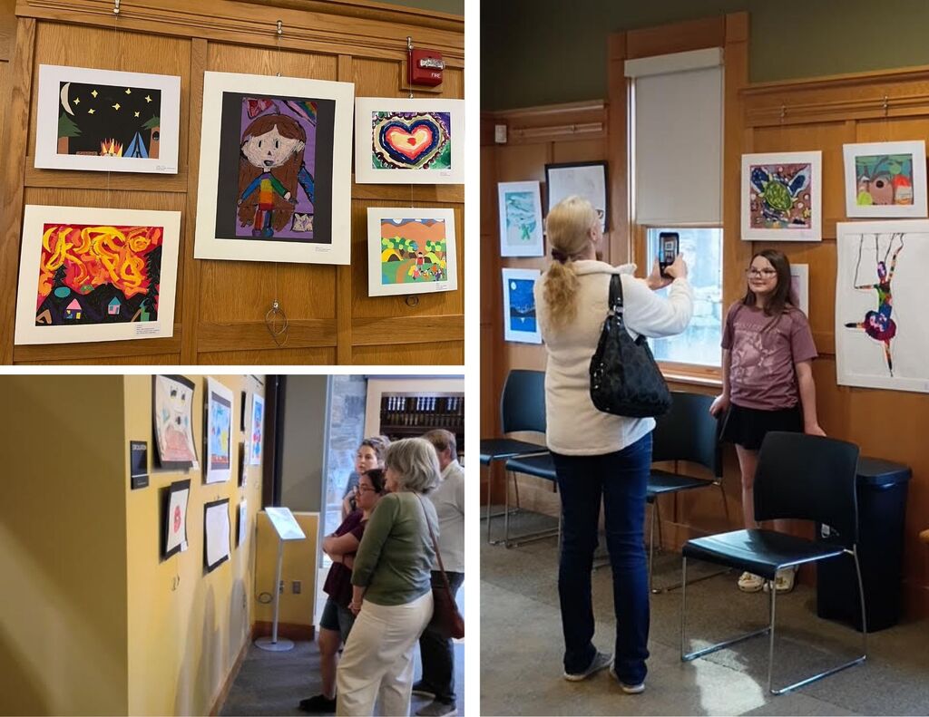 Adults and children observe NRSD student artwork at the Bolton Public LIbrary.