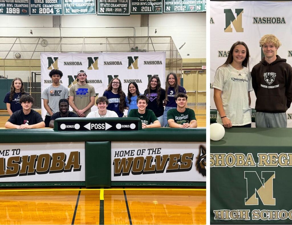 Student athletes pose in their college shirts in the NRHS gym.