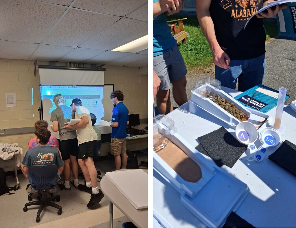 NRHS students work together in small groups in a classroom and outside where materials are set up. 
