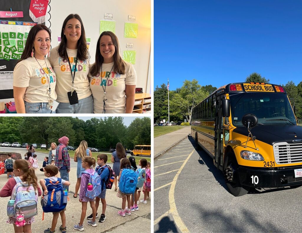 The fourth grade team at FSS poses with shirts that say Fourth Grade. A bus sits parked outside of the Emerson building. Students line up in front of the Emerson building with backpacks, a bus sits in the background.