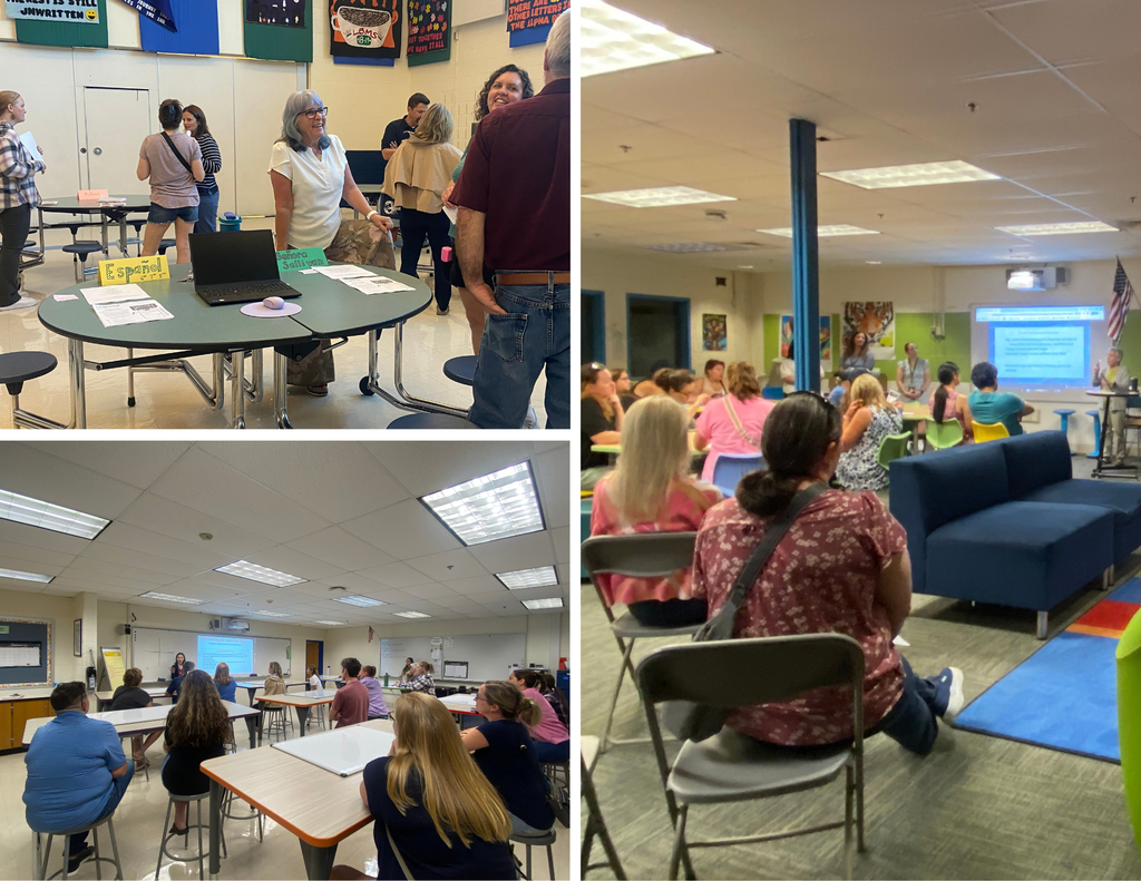 Parents/caregivers gather in the LBMS library, classrooms, and cafeteria to meet with teachers during Open House.