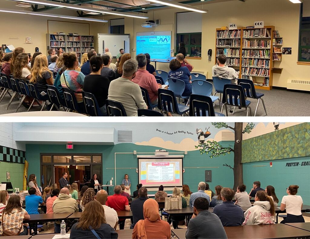 Hale families sit and listen to Curriculum Night presentations in the library and cafeteria.