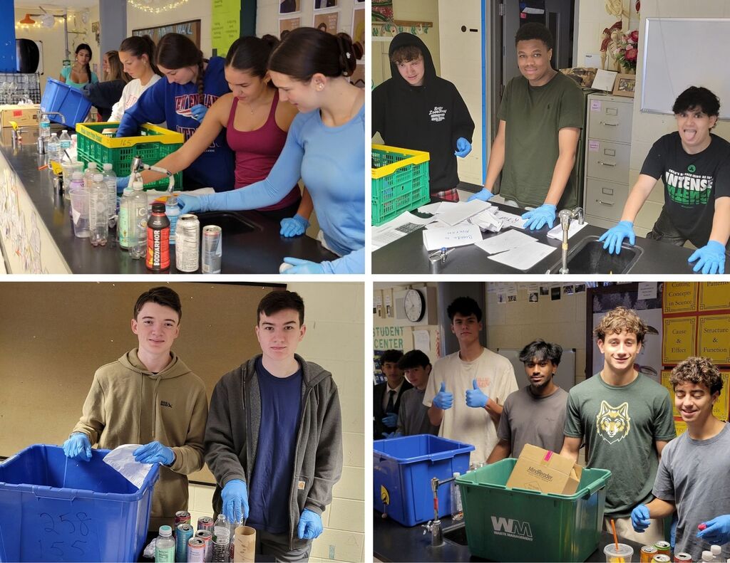 NRHS students wear blue rubber gloves and sort through recycling bins.