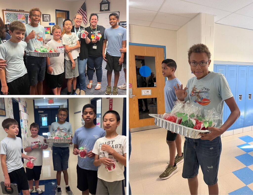 LBMS students delivering surprise fall packages to staff.