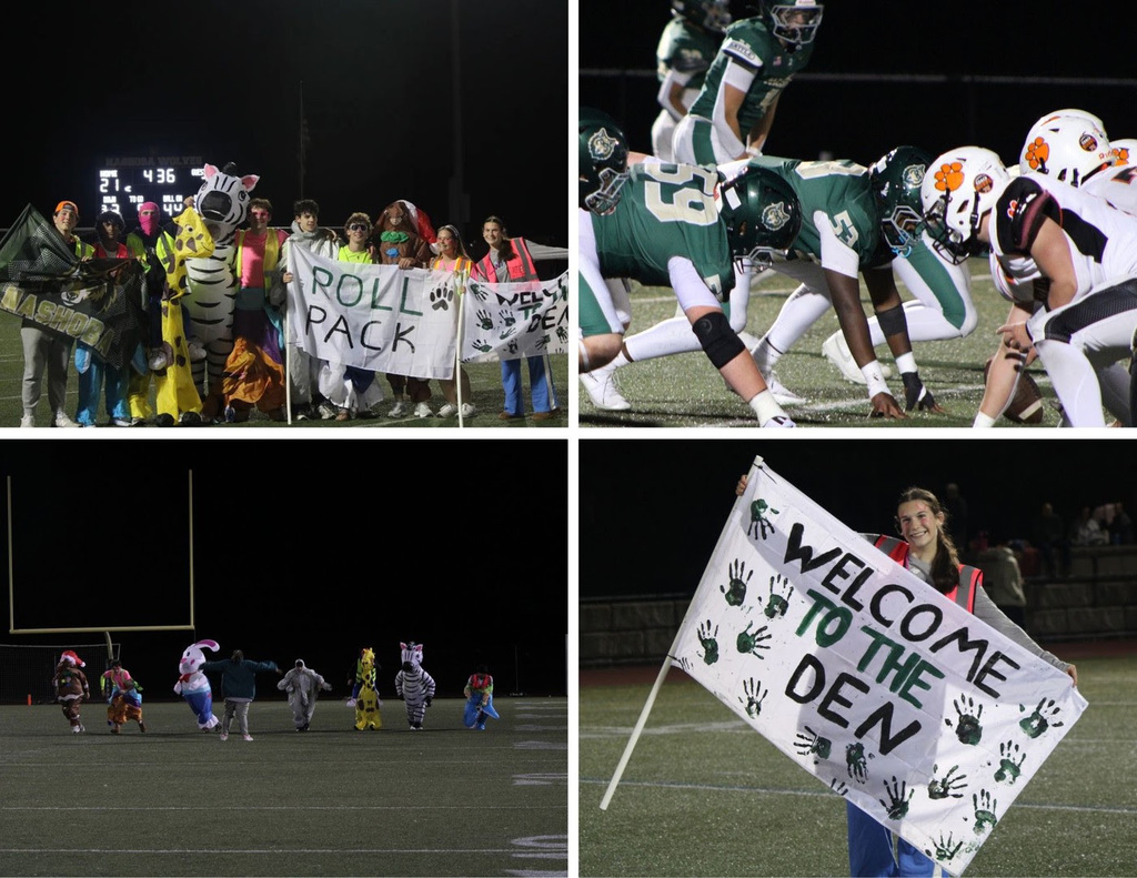 NRHS students hold up Roll Pack and welcome to the den signs, race in an inflatable costume event, and play football.