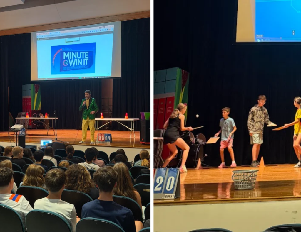 FSS Principal, Mr. Bates, and FSS students stand on stage participating in games.