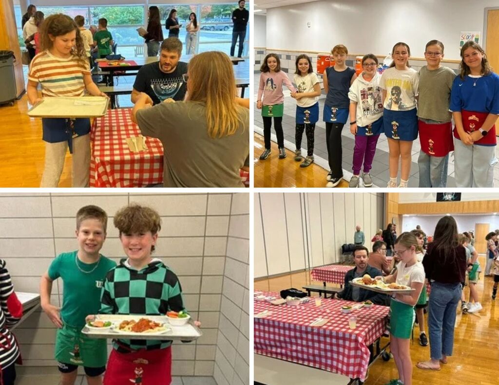 Center School students serve pasta at the Pasta Dinner in the Center cafeteria.