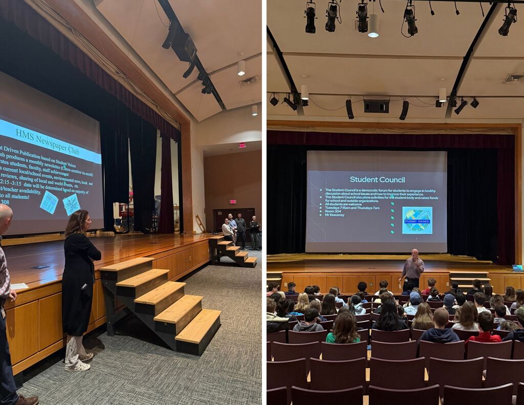 HMS students sit in the auditorium watching teachers present on after school activity offerings.