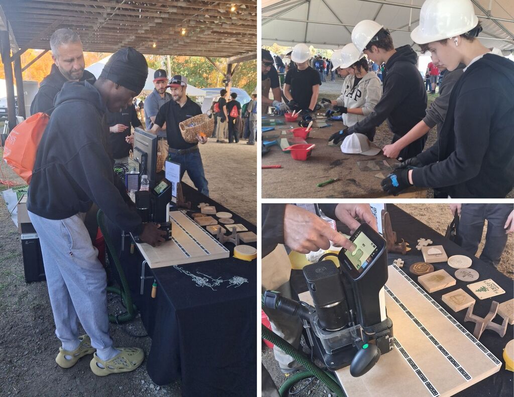 NRHS students use a router device to make cuts to wood.